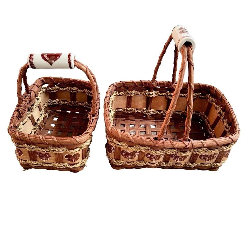 Vintage Cottagecore Wicker Basket Set Heart Glass Handle Holder Grannycore Decor